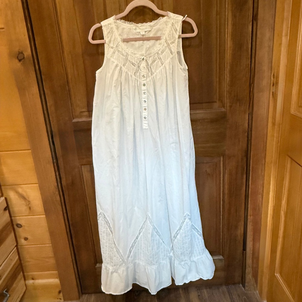 Eileen West White Cotton Lace Pintuck Sleeveless Maxi Nightgown Size S